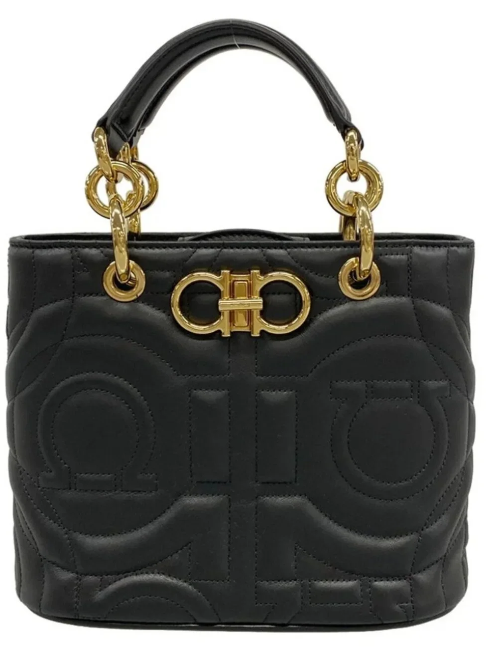 Salvatore Ferragamo Gancini Black Gold Leather Hardware Tote Bag